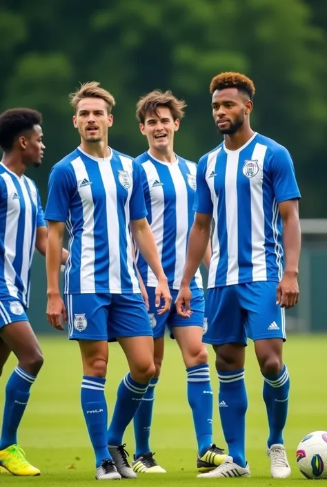 Soccer team uniforms with white and blue stripes