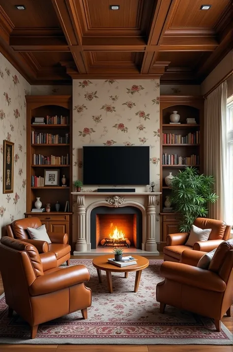 This is a beautiful living room with leather armchairs and neutral lighting., a chimney,has a flowery wallpaper, a small coffee table, a huge television to watch movies with the family and a bookshelf with books