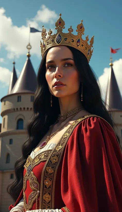 Close-up shot, Low angle shot, (A regal Queen Tamar of Georgia, a striking figure with flowing dark hair and a finely crafted gold crown embedded with jewels, stands tall at the edge of a grand medieval palace. She is dressed in an ornate, royal red and go...