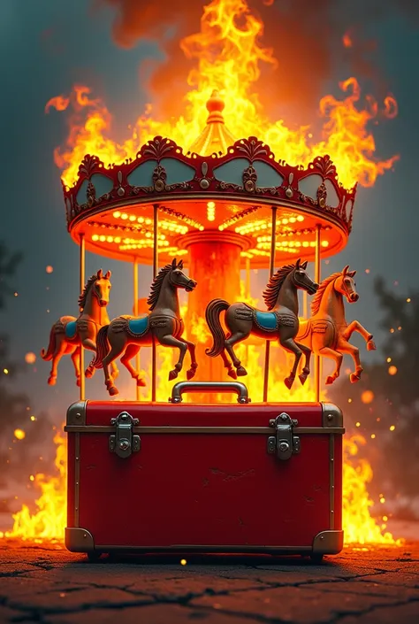 Make a creative cover for a book without writing with a red toolbox and a cartoon carousel of wooden horses on fire