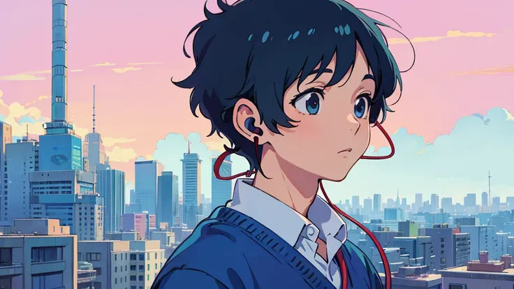 Ghibli-style anime man with earphones　Ghibli-style illustrations　City Pop