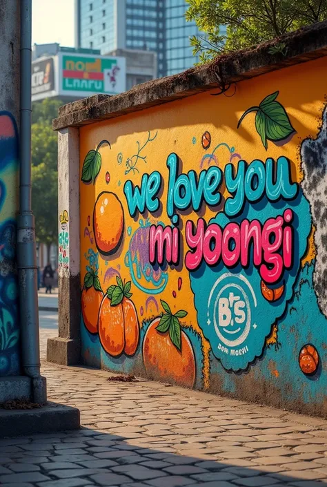 image of a wall on a street in Brazil with graffiti writing on the wall saying &#39;we love you Mi Yoongi&#39; and a tangerine drawn on it, a cat and the BTS group symbol on the wall.