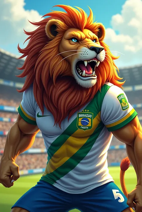 a lion mascot of a Brazilian football team, with white blue and yellow shirt
