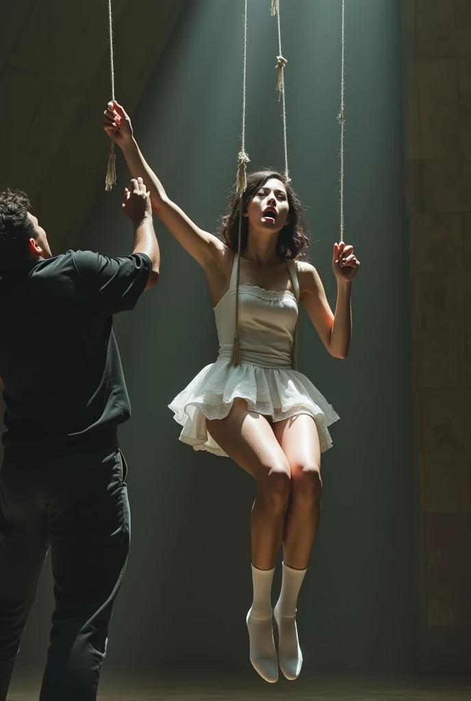 Scene of a girl in white thigh high socks being hanged to death by a man ,hovering in the air , girl sticking out tongue 