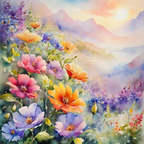 watercolor art，In this heavenly landscape, Dreams and reality are intertwined. The air is filled with the scent of flowers., Exquisite perfume symphony. Flowers seem to free the soul, The fragrant wind that caresses the skin and its essence blend together.