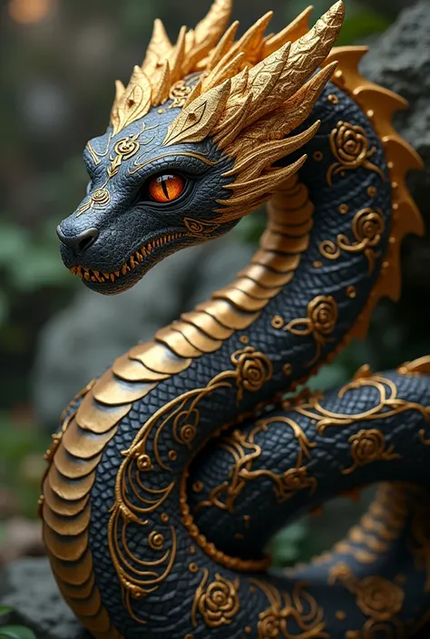 A golden snake with golden veins and edges, in addition to sacred geometries and mystical symbols of golden roses on its black dragon body with golden details with a loving gaze 