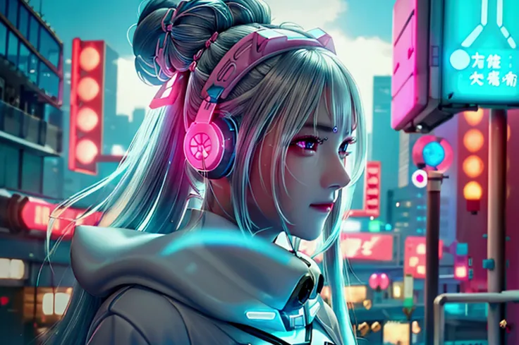 1 woman, Chinese_clothes, liquid silver and pink, Cyber Han,How many guards?,White bra,White underwear with a bow,Slick,cyberpunk city, dynamic gesture, Glowing headphones, glowing hair accessories, long hair, glow earrings, Fluorescent necklace, cyberpunk...