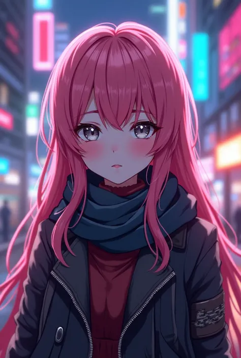 1girl, long pink hair,gray eyes,chihaya anon, wearing jacket, scarf, cyberpunk city, looking at viewer with a warm look, masterpiece, latest, vibrant color ,Va 11 hall a