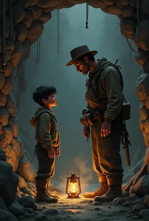 The boy Pablo talks to his father in a mine