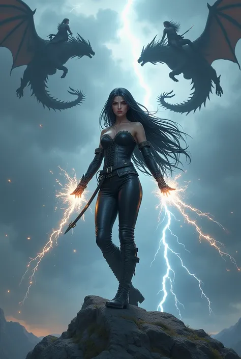 Woman in tight black leather pants, black soldier boots, a long-sleeved corset with swords attached around her waist, Her hair is black with silver, abundant and long. His black eyes, full lips, eyebrows and eyelashes thick and she is blushing from the col...