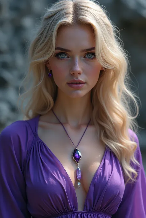 a beautiful loira woman wearing purple clothes, ametista crystal, detailed facial features, beautiful eyes and lips, jewelry, DC universe style, highly detailed, 8k, photorealistic, dramatic lighting, cinematic, fantasy, intricate details