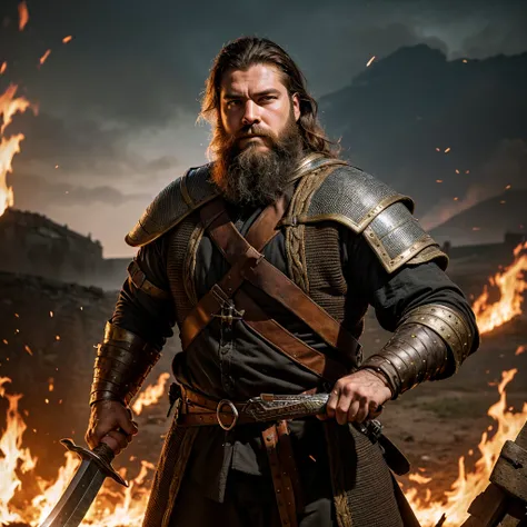 photo hyper realistic, wounded medieval warrior, Large Beard, handsome man, without armor, one hand on the elbow and the other holding a medieval European sword, in the background a field in flames with trebuchets and bodies in the distance, a closed eye w...