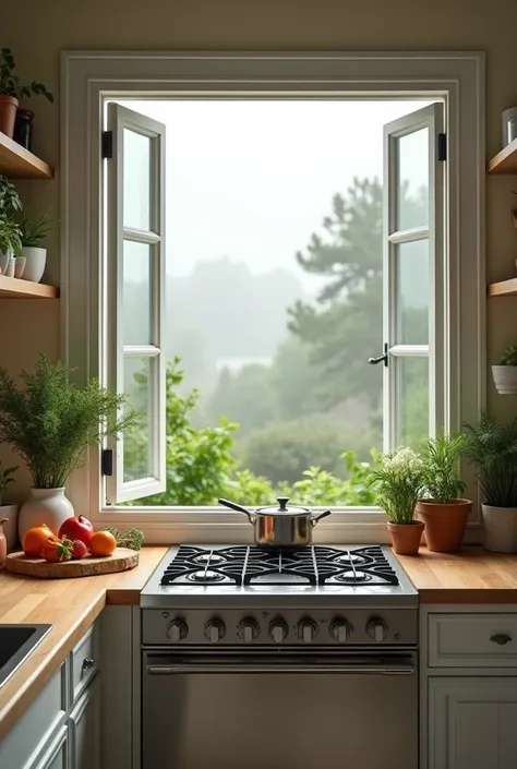 The kitchen exudes charm with its elegant counter featuring a sleek gas stove. Above the stove, a large open glass window with a white wooden frame reveals a foggy morning view of a lush garden where fruits and vegetables grow. Inside, a modern sink and re...