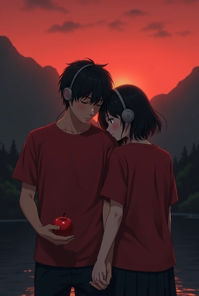 Couple of 1 together bumping shoulders looking forward anime with a red apple in the boy&#39;s hand with a reddish and black landscape background with dull looks and both with headphones With red t-shirts