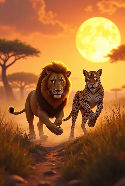 Animated image of lions, Leopards competing for prey in the savannah