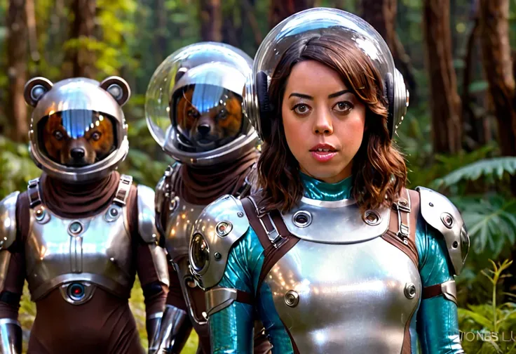 a beautiful girl (aubrey plaza) in a 60s sci-fi styled spacesuit, sexy silver space swimsuit, bubble helmet, fancy electronic tools, being guarded by her brown bear cyborg companion in a bubble helmet, on an alien world, 8k, extremely detailed, photorealis...