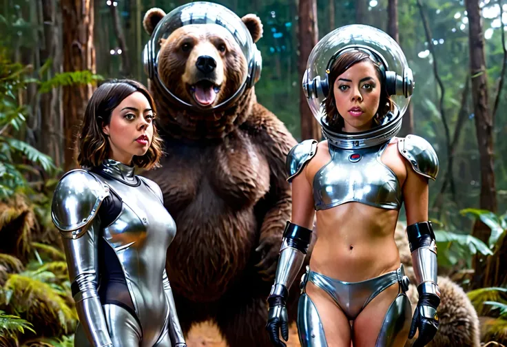 a beautiful girl (aubrey plaza) in a 60s sci-fi styled spacesuit, sexy silver space swimsuit, bubble helmet, fancy electronic tools, being guarded by her brown bear cyborg companion in a bubble helmet, on an alien world, 8k, extremely detailed, photorealis...