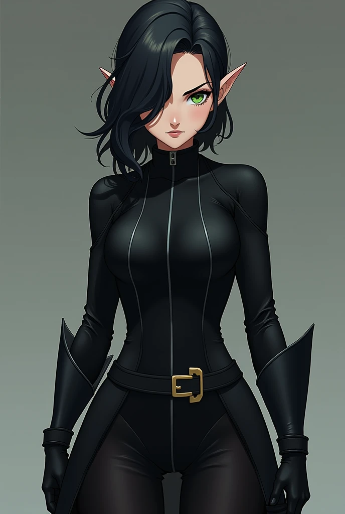 An animated female elf character with shoulder-length wavy dark hair, black, with an asymmetrical hairstyle that partially covers one side of her face. His eyes are a deep green color. She is wearing a black outfit that includes a long, tight-fitting jacke...