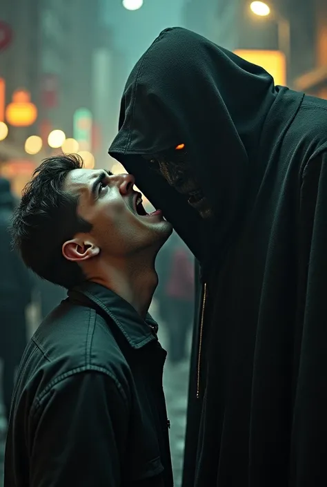 close up of a horrified mans soul being sucked by a  mysterious hooded creature with gleaming yellow eyes walking in public in a busy night city, nightmare 