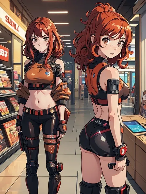 (masterpiece), (best quality), 1 girl, red hair,((brown eyes)),curly hair, brown eyes, anime style, freckles, (mall breast, (petite figure), cyberpunk clothes, legs, desert background