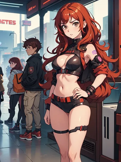 (masterpiece), (best quality), 1 girl, red hair,((brown eyes)),curly hair, brown eyes, anime style, freckles, (mall breast, (petite figure), cyberpunk clothes, legs, desert background