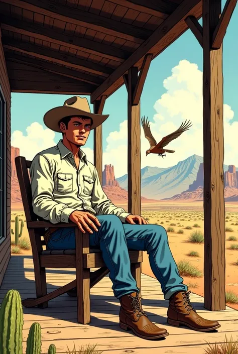 Hyperrealistic color comic 1950s a young cowboy sits on the ranch porch in the desert a lark flies around him