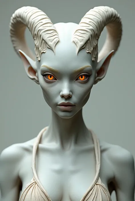 A hyper-realistic, front-facing image focusing on the bust of a female Karnathi humanoid character. The image should emphasize the intricate details of her facial features, skin texture, and distinctive horns.

Facial Features: The Karnathi has a human-lik...