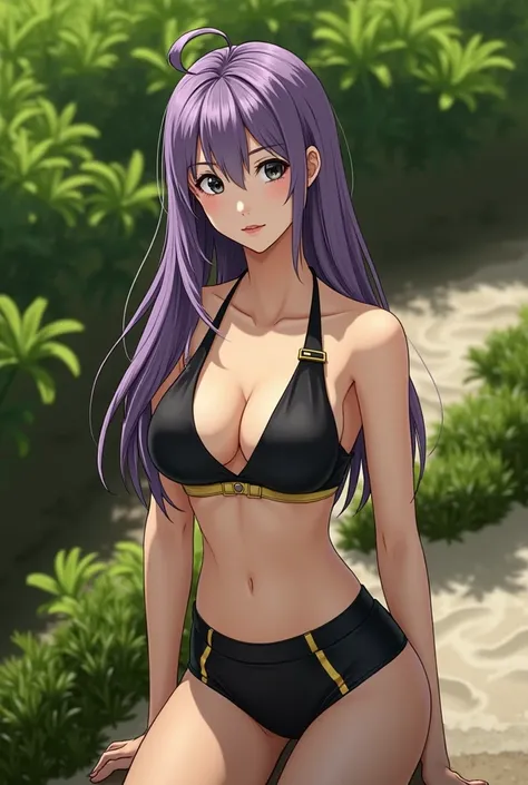 Young Asian girl, purple hair, black eyes, 1 model, slightly brown skin, On the beach sunbathing 