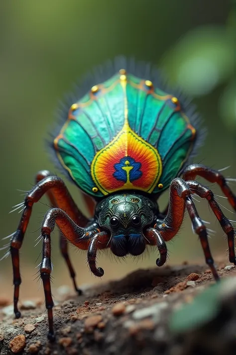 
"Generate a detailed and lifelike image of a Peacock Spider performing its courtship display. Show its vibrant colors and elaborate patterns with its flaps extended, set against a natural backdrop."