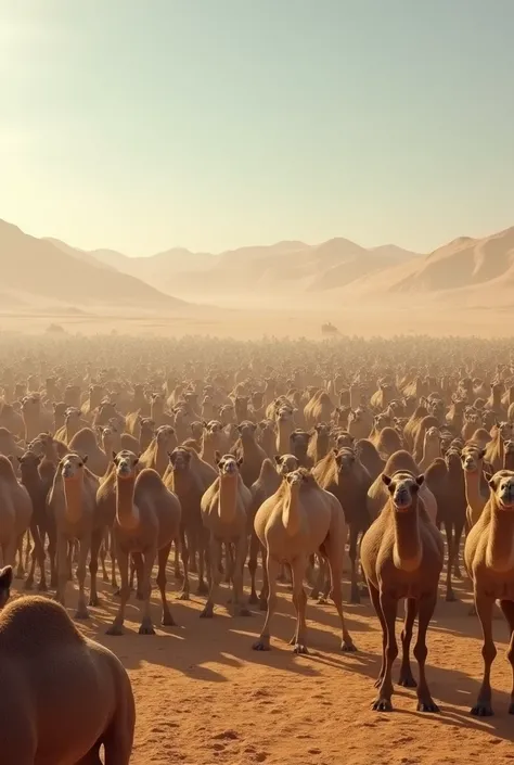 More than 200 camels in a desert yard
