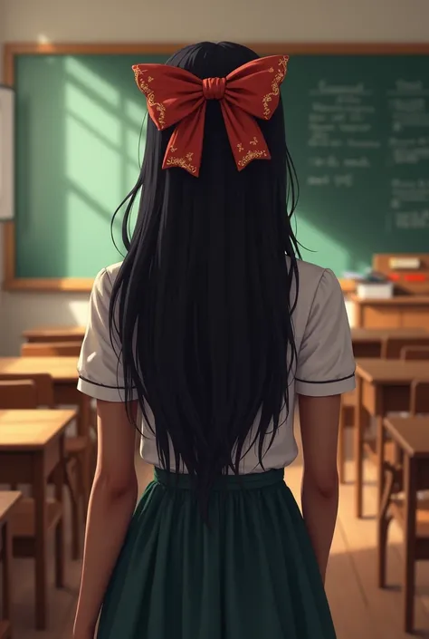 Teacher with her back turned, black hair, brown skin color, with a big Coquette bow in her hair. in the classroom