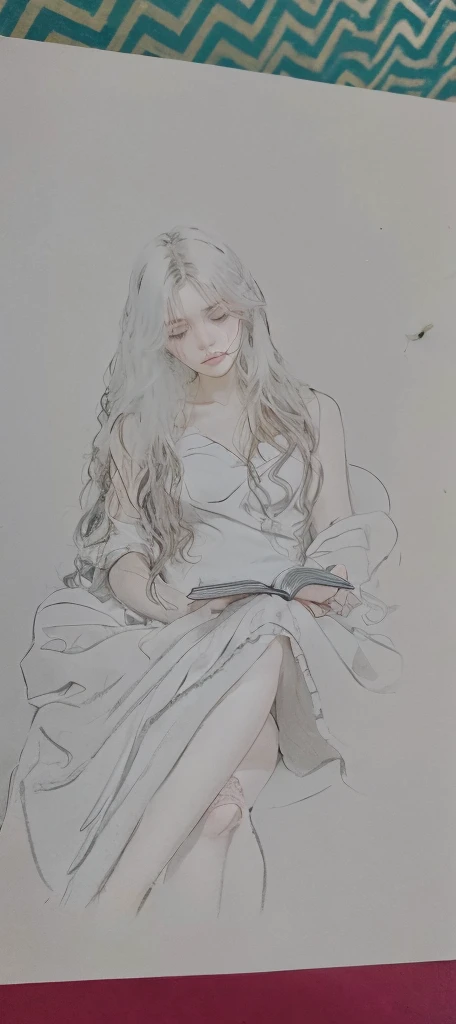 Improve this drawing of mine 20 year old woman with long wavy hair with dark brown color, reading a book sitting with her legs crossed and wrapped in a silk sheet that looks like a princess dress she has a thoughtful and sad expression with her head slight...