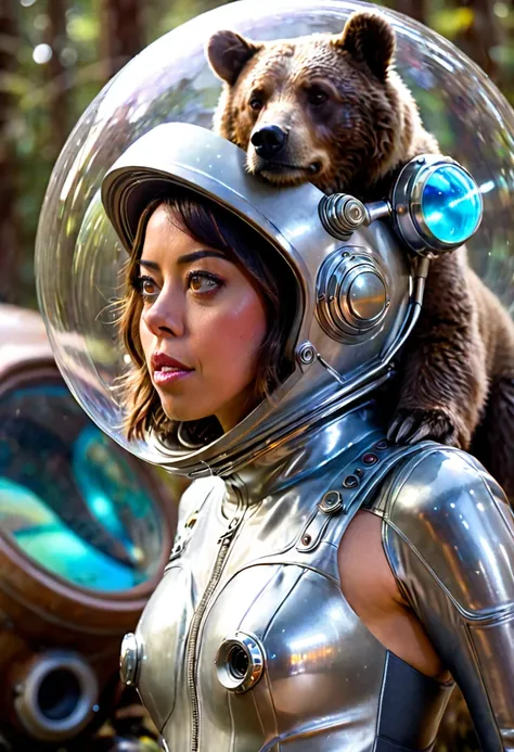 a beautiful girl (aubrey plaza) in a 60s sci-fi styled spacesuit, sexy silver space swimsuit, bubble helmet, fancy electronic tools, being guarded by her brown bear cyborg companion in a bubble helmet, on an alien world, 8k, extremely detailed, photorealis...