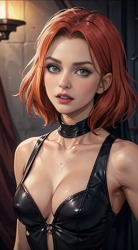 Masterpiece, Best Quality, Photorealistic,  Rayne, Black Dress, vampire fangs, hair ribbons, Average Breasts,, dripping from the mouth,Bloodrayne, Danaerys Targaryen, Jenna Coleman, cleavage