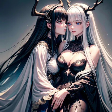 The white-haired figure places her hand gently on the cheek of the black-haired figure, who closes her eyes and leans into the touch, their expressions tender and affectionate.

"Photorealistic depiction of twin sisters with opposing color schemes, one wit...