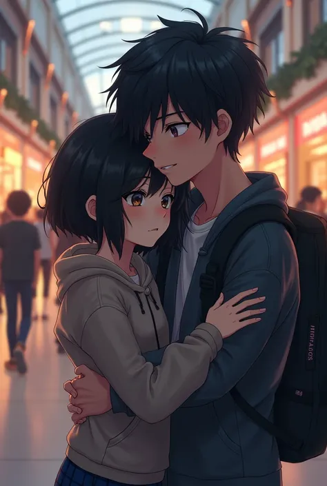 Short black haired teenage girl with a cold and depressing expression with teenage boy with a cheerful expression,happy black hair . The boy hugging the girl in the background at a shopping mall 
