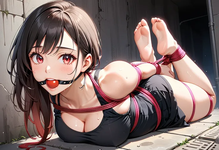 Close-up shot of a sexy woman, Gorgeous with captivating eyes and perfect makeup, radiant childhood friend, accentuated by a black tank top and a black pleated mini skirt, Show off your sexy figure with big thighs and wide hips, provocative. tie (Shibari, ...