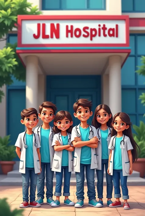 A hospital named JLN Hospital front side four boy Santosh  sazid Kunal vasu on t-shirt  and two girl Pooja  Laxmi on t shirt are dressed as doctor. 