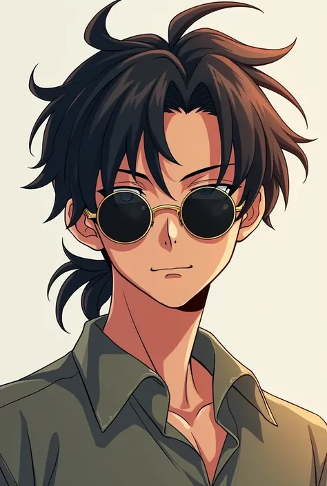 And a man resembling Satoru Gojo has messy tied dark brown hair with round anime style sunglasses