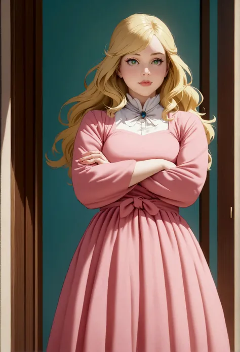 A fat blonde green eyed woman with tied blonde hair wearing a pink dress, She must have her arms crossed and the background behind her is all blue 