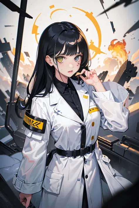 Girl with black hair falling to her shoulders, white and yellow heterochromia, white scientist coat, black business clothes underneath, burn scar on her face, burn on her face, scars