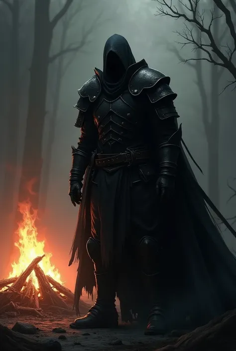 image with a warrior like the one from the Dark Souls game, image in black and with the character near a bonfire. em formato de anime
