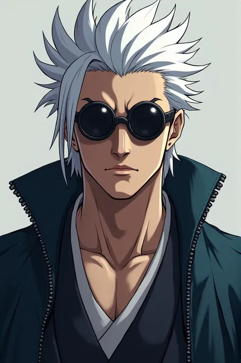 Generate the realistic image of gojo satoru with black circular goggles