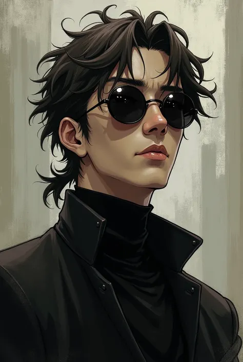 And a man resembling Satoru Gojo has messy tied dark brown hair with round sunglasses with a black turtleneck anime style outfit