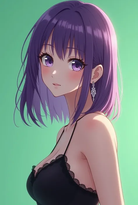 (8k, RAW photo, best quality, masterpiece: 1.2,1 girl,anime), (Hairstyle details: straight, shoulder-length purple hair), (Body shape details: slender and elegant, with a slightly turned pose, graceful posture), (Facial expression details: eyes gazing soft...