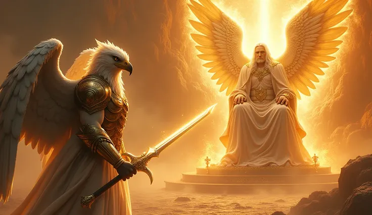 Make an angel with eagle face with gold armor and holy sword, looking up on a beautiful super vast and gigantic God with a face of light and fire, white long hair, white beard, Gold and white rob, seated on His thrown with firery light around him and his t...