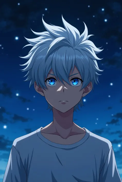 Anime boy over  with white hair blue eyes t-shirt and starry background serious attitude