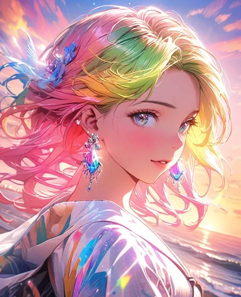 8K,gal，an extremely delicate and beautiful,Beautiful and realistic skin,Shiny jewel-like earrings,Long colorful hair,beautiful eyes, peace sign,beautiful sunset
