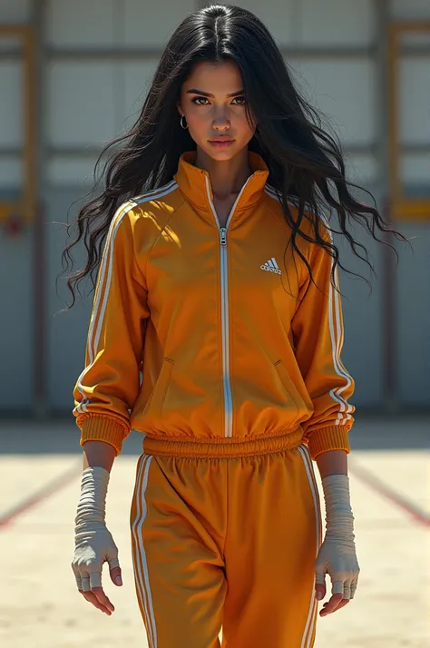 Girl in a tracksuit with black hair and bandaged hands