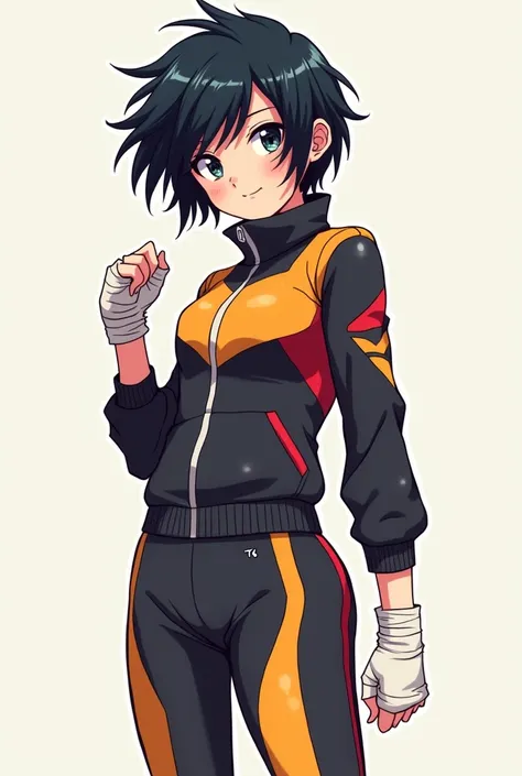 Anime girl in tracksuit with black hair and bandaged hands